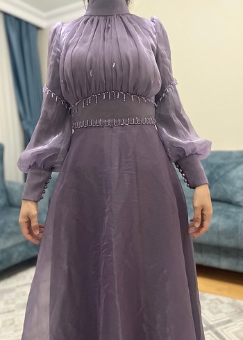 Uzun Mor Drapeli Kadın Abiye Elbise - Görsel 8