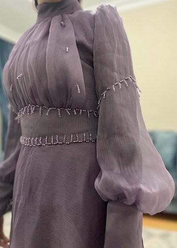 Uzun Mor Drapeli Kadın Abiye Elbise - Görsel 9