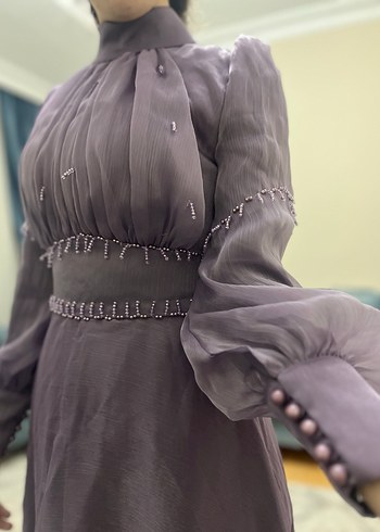 Uzun Mor Drapeli Kadın Abiye Elbise - Görsel 6