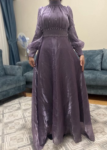 Uzun Mor Drapeli Kadın Abiye Elbise - Görsel 4