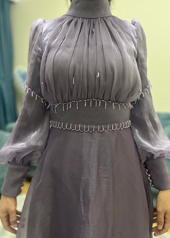 Uzun Mor Drapeli Kadın Abiye Elbise - Görsel 7