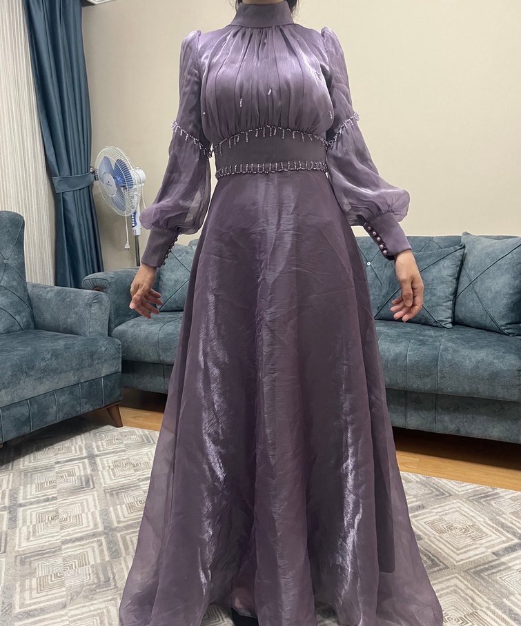 Uzun Mor Drapeli Kadın Abiye Elbise - Görsel 3