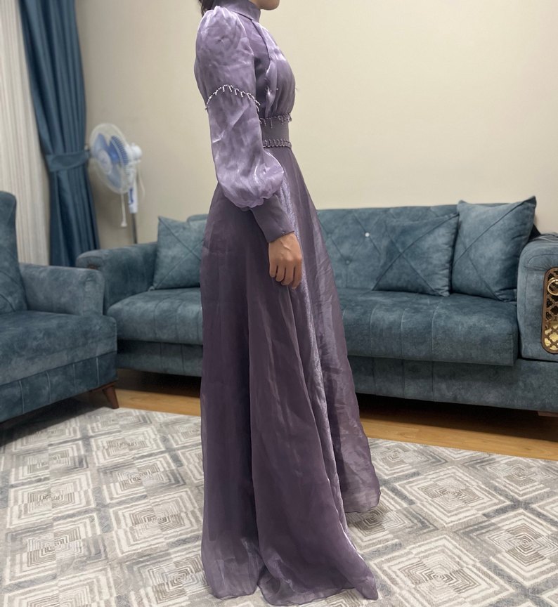 Uzun Mor Drapeli Kadın Abiye Elbise - Görsel 5