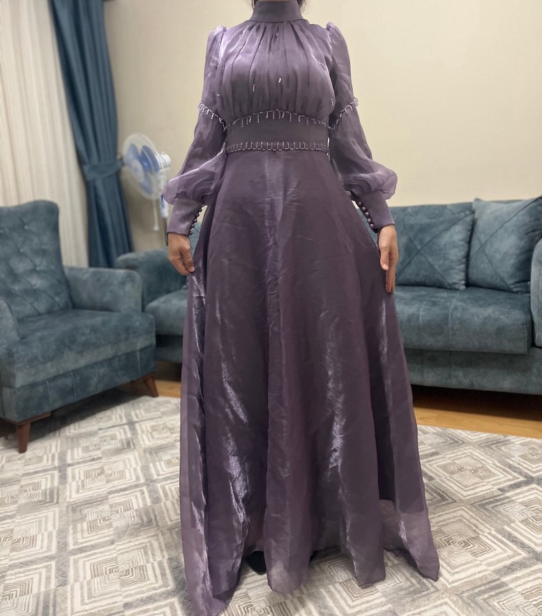 Uzun Mor Drapeli Kadın Abiye Elbise - Görsel 4