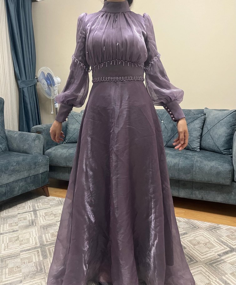 Uzun Mor Drapeli Kadın Abiye Elbise - Görsel 2