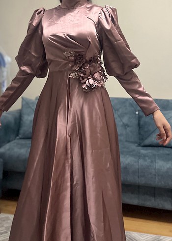 Uzun Kollu Drapeli Vintage Kadın Abiye Elbise - Görsel 3