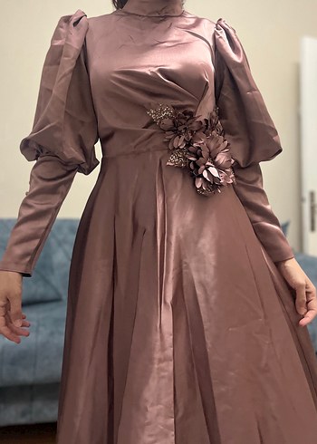 Uzun Kollu Drapeli Vintage Kadın Abiye Elbise - Görsel 4