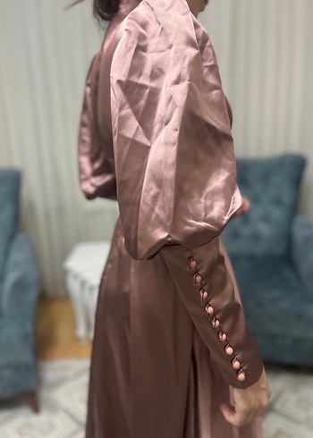 Uzun Kollu Drapeli Vintage Kadın Abiye Elbise - Görsel 7