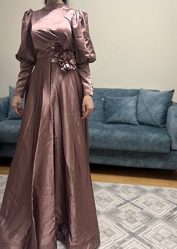 Uzun Kollu Drapeli Vintage Kadın Abiye Elbise - Görsel 2