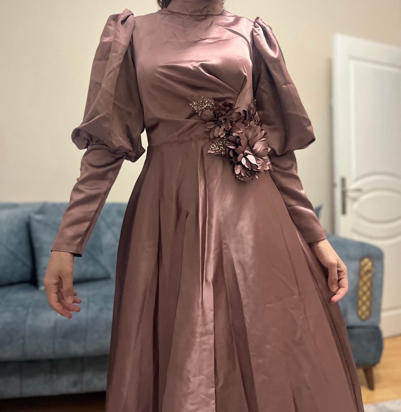 Uzun Kollu Drapeli Vintage Kadın Abiye Elbise - Görsel 4