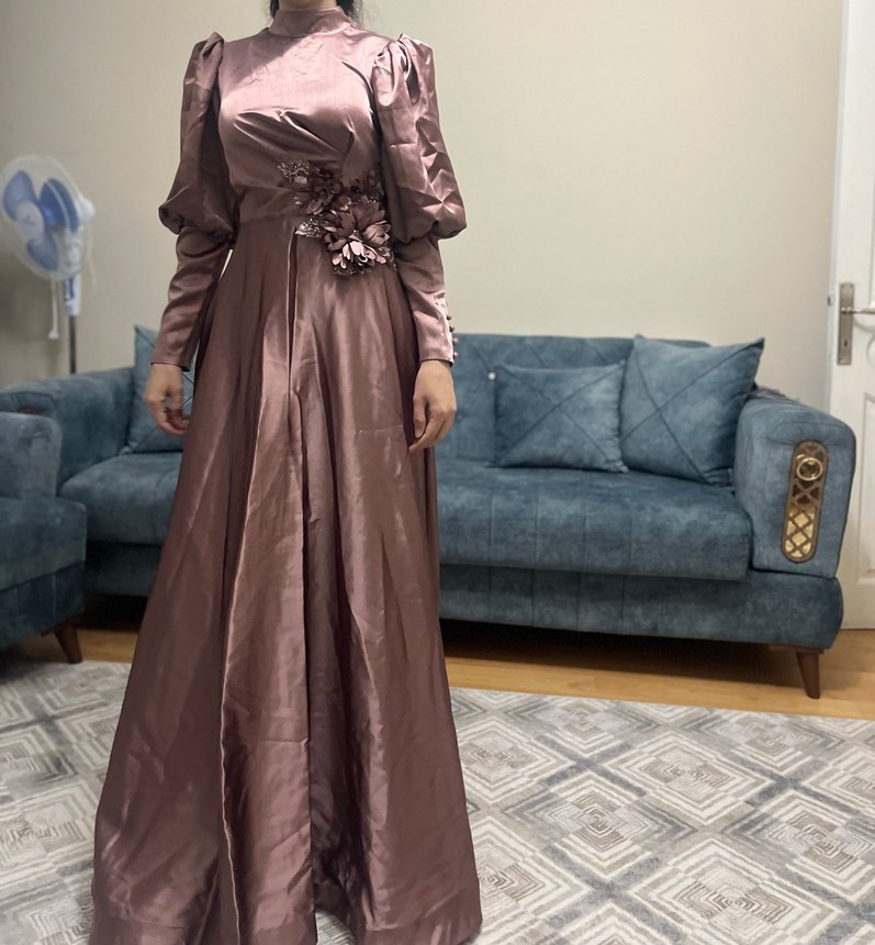 Uzun Kollu Drapeli Vintage Kadın Abiye Elbise - Görsel 2