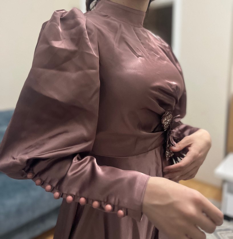 Uzun Kollu Drapeli Vintage Kadın Abiye Elbise - Görsel 5