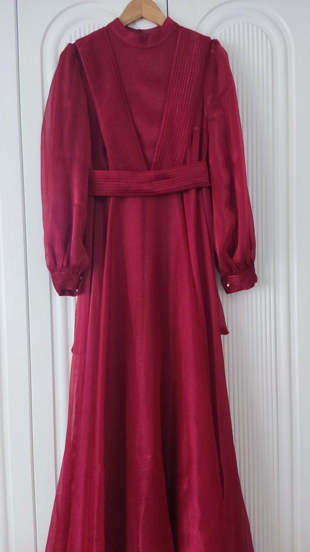 Kırmızı Drapeli Janjan Şifon Abiye Elbise - Görsel 2