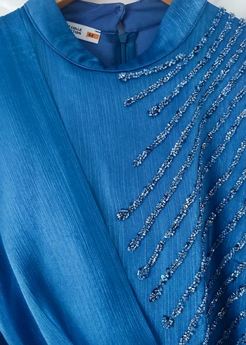 Uzun Kollu Mavi Drapeli Abiye Elbise - Görsel 3