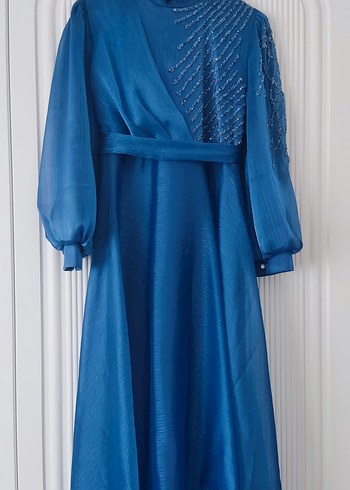 Uzun Kollu Mavi Drapeli Abiye Elbise - Görsel 2