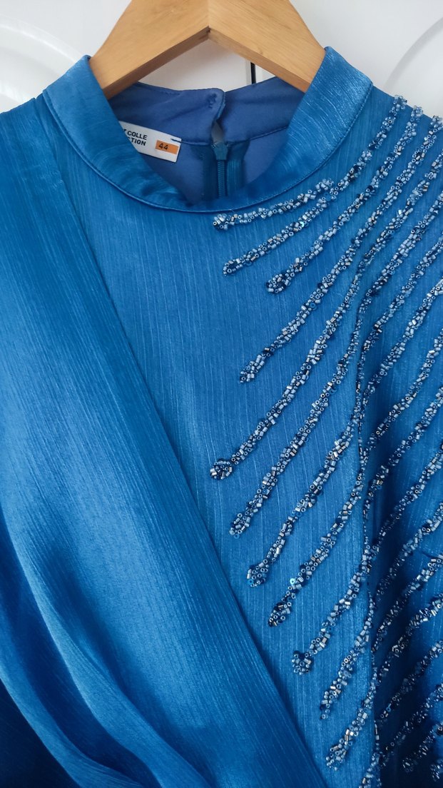 Uzun Kollu Mavi Drapeli Abiye Elbise - Görsel 3