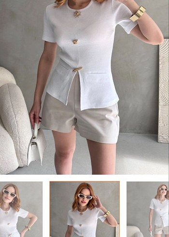 Beyaz  Gold Düğmeli Kadın bluz - Görsel 2