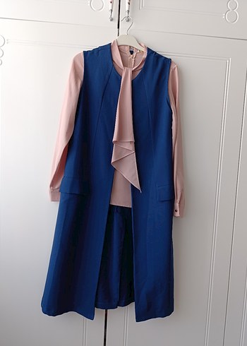 Mavi Uzun Kollu Drapeli Yelek ve gömlek - Görsel 3