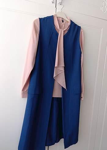 Mavi Uzun Kollu Drapeli Yelek ve gömlek - Görsel 4