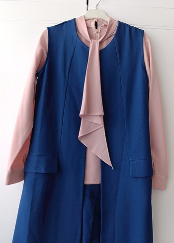 Mavi Uzun Kollu Drapeli Yelek ve gömlek - Görsel 5