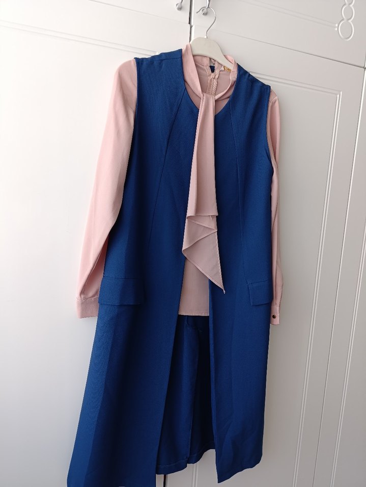 Mavi Uzun Kollu Drapeli Yelek ve gömlek - Görsel 4