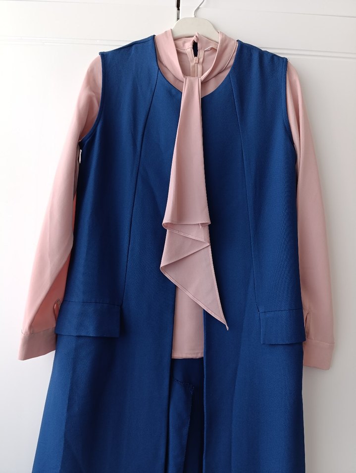 Mavi Uzun Kollu Drapeli Yelek ve gömlek - Görsel 5