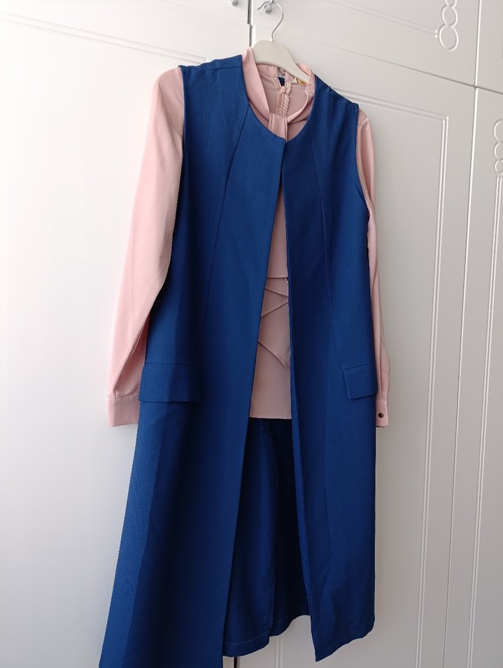 Mavi Uzun Kollu Drapeli Yelek ve gömlek - Görsel 2