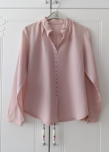 Pembe Saten Gömlek, Düğmeli, Uzun Kollu - Görsel 4