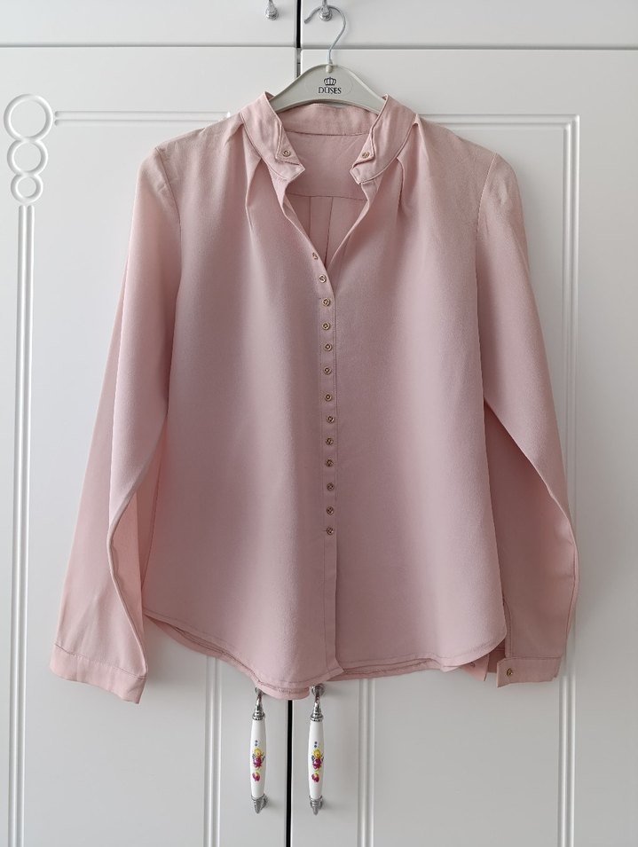 Pembe Saten Gömlek, Düğmeli, Uzun Kollu - Görsel 4