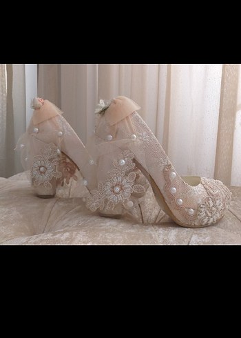 Dantel Detaylı Beyaz Dolgu Topuklu Gelin Ayakkabısı - Görsel 6