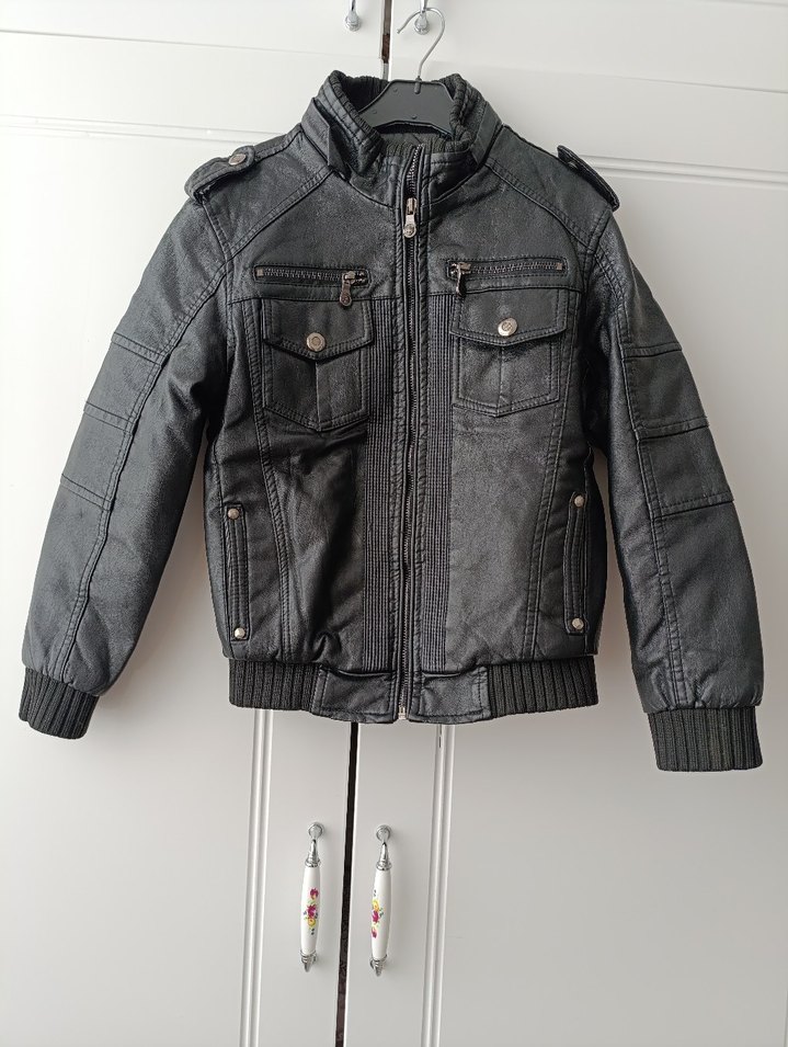 Gri Deri Erkek Çocuk Biker Ceket - Görsel 2