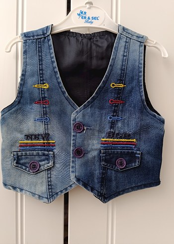 Renkli Nakışlı Erkek Çocuk Kot Yelek - Görsel 2