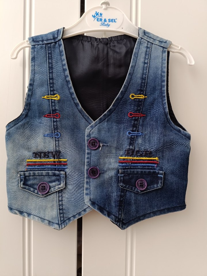 Renkli Nakışlı Erkek Çocuk Kot Yelek - Görsel 2