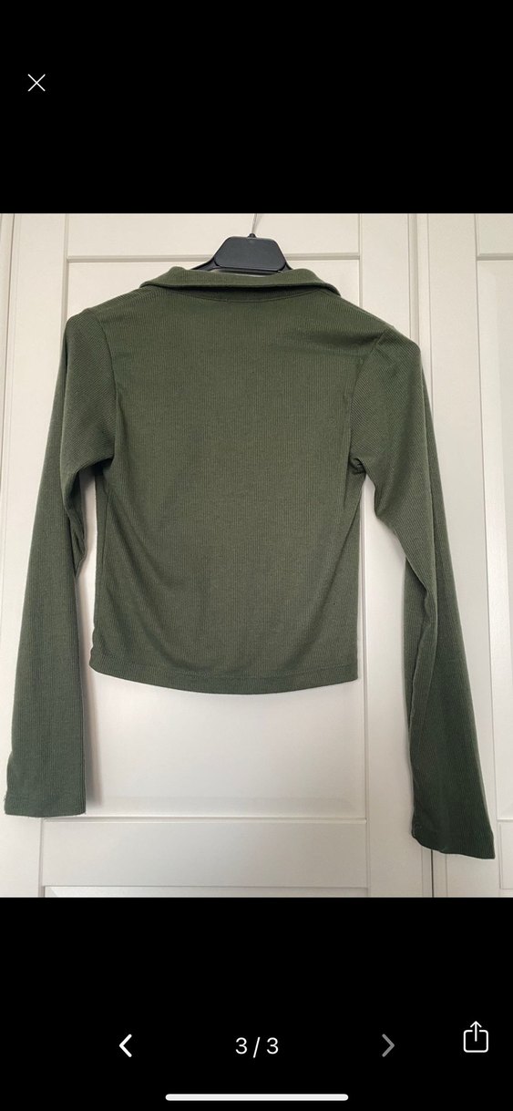 Ambar Haki V Yakalı Uzun Kollu Kadın Bluz - Görsel 3