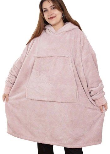 Pembe Kapüşonlu Peluş Giyilebilir Battaniye Sweatshirt