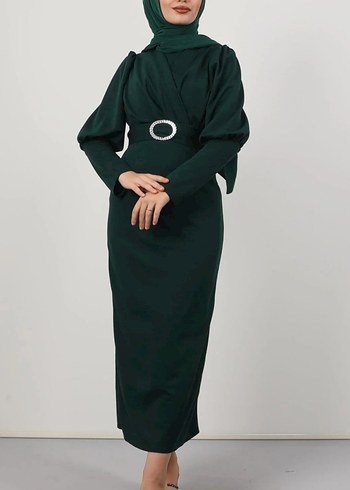 Kemer Detaylı Uzun Yeşil Kadın Elbise - Görsel 2