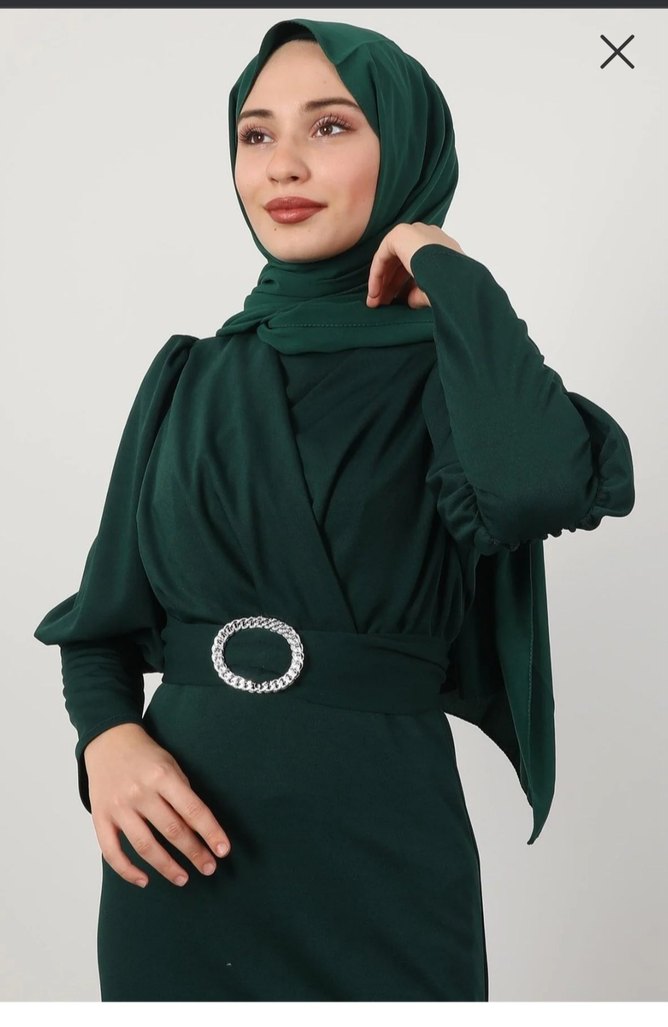 Kemer Detaylı Uzun Yeşil Kadın Elbise - Görsel 3