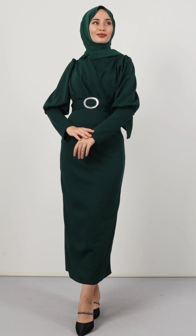 Kemer Detaylı Uzun Yeşil Kadın Elbise - Görsel 2