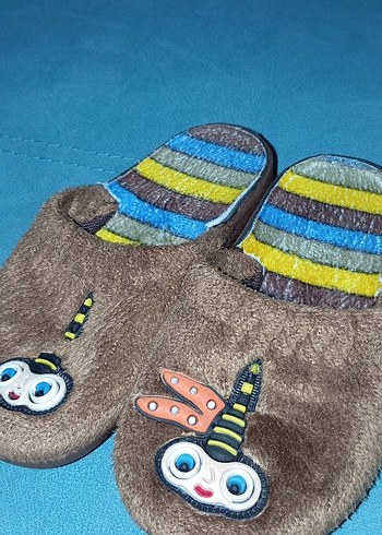 Renkli Nakışlı  çocuk Kahverengi Peluş Terlik - Görsel 3