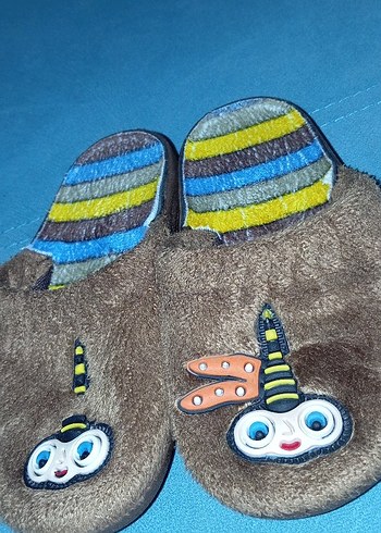 Renkli Nakışlı  çocuk Kahverengi Peluş Terlik - Görsel 2