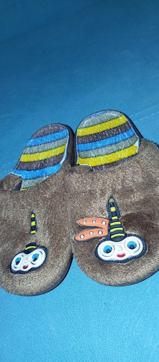 Renkli Nakışlı  çocuk Kahverengi Peluş Terlik - Görsel 2