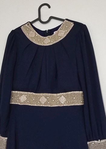 taş İşlemeli Lacivert Uzun Abiye Elbise - Görsel 2