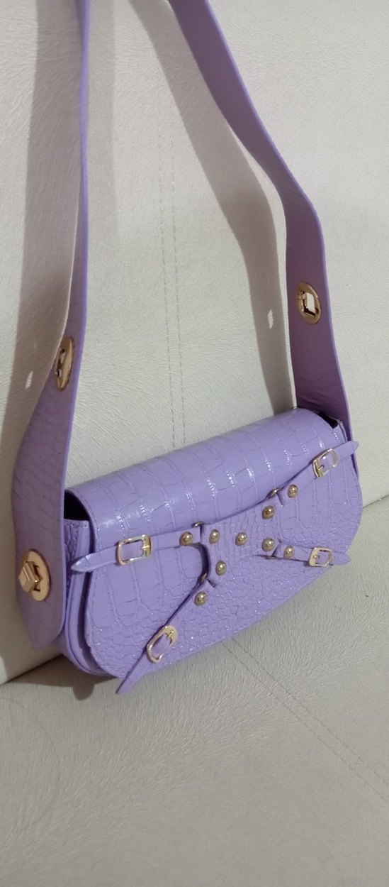 Pastel Mor Deri Yılan Desenli Kadın Çanta - Görsel 2