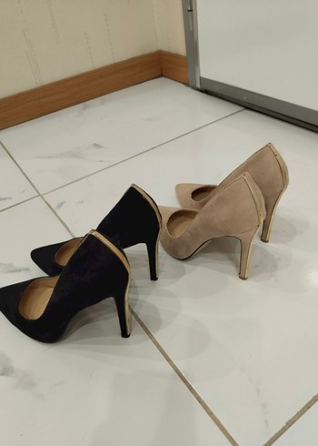 39 Beden Bej Süet ve siyah süet Stiletto Kadın Topuklu Ayakkabı