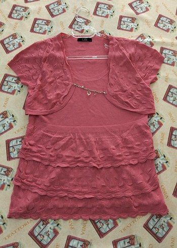 Pembe Mini Triko Elbise ve Bolero Takım