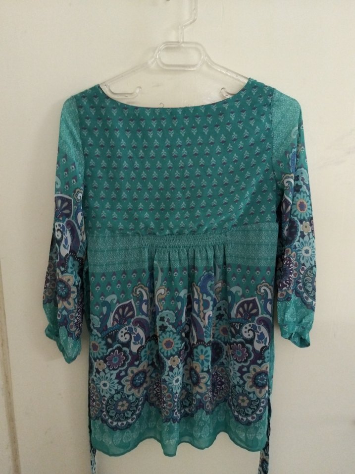 Bohem Uzun Kollu Kuşaklı Turkuaz Hamile Bluz - Görsel 3