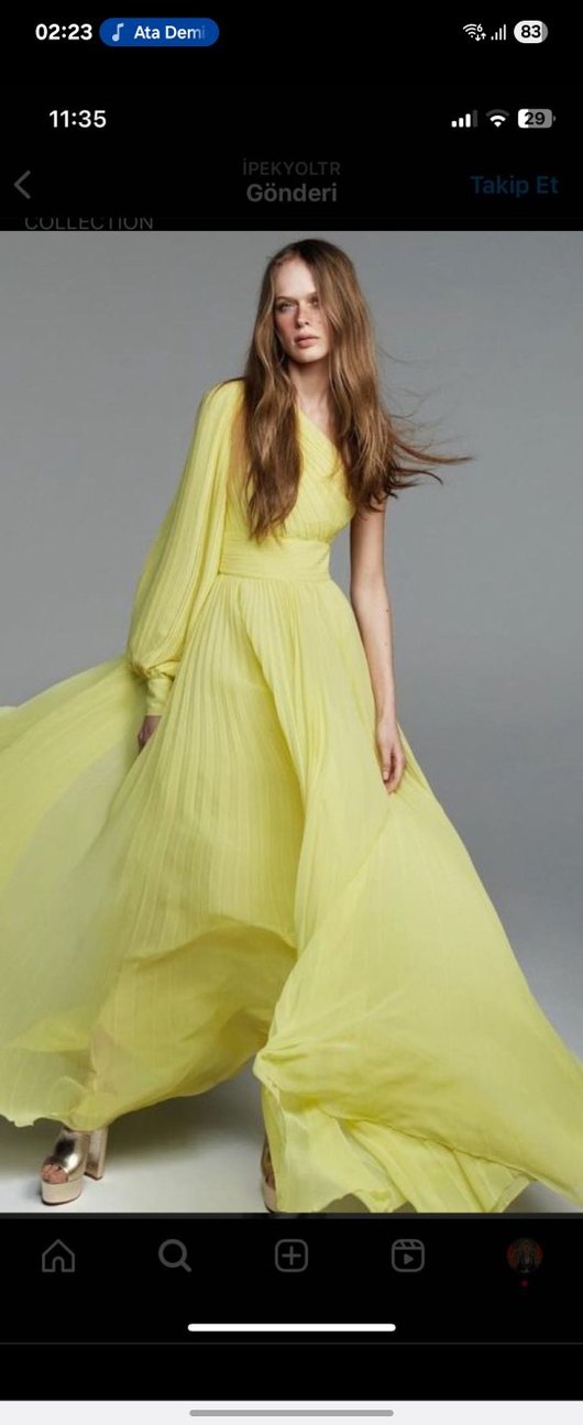 Sarı Pileli Uzun Kadın Abiye - Görsel 3
