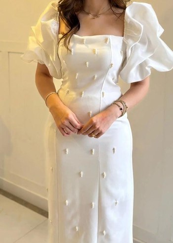 Uzun Beyaz Bohem Straplez abiye ve nikah elbisesi - Görsel 3