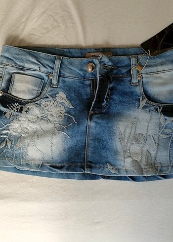 vintage Nakışlı Kot Mini Etek d&g