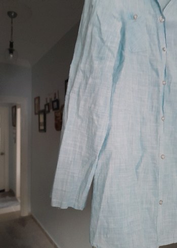 Düğmeli Uzun Kol Mavi Keten Gömlek - Görsel 3